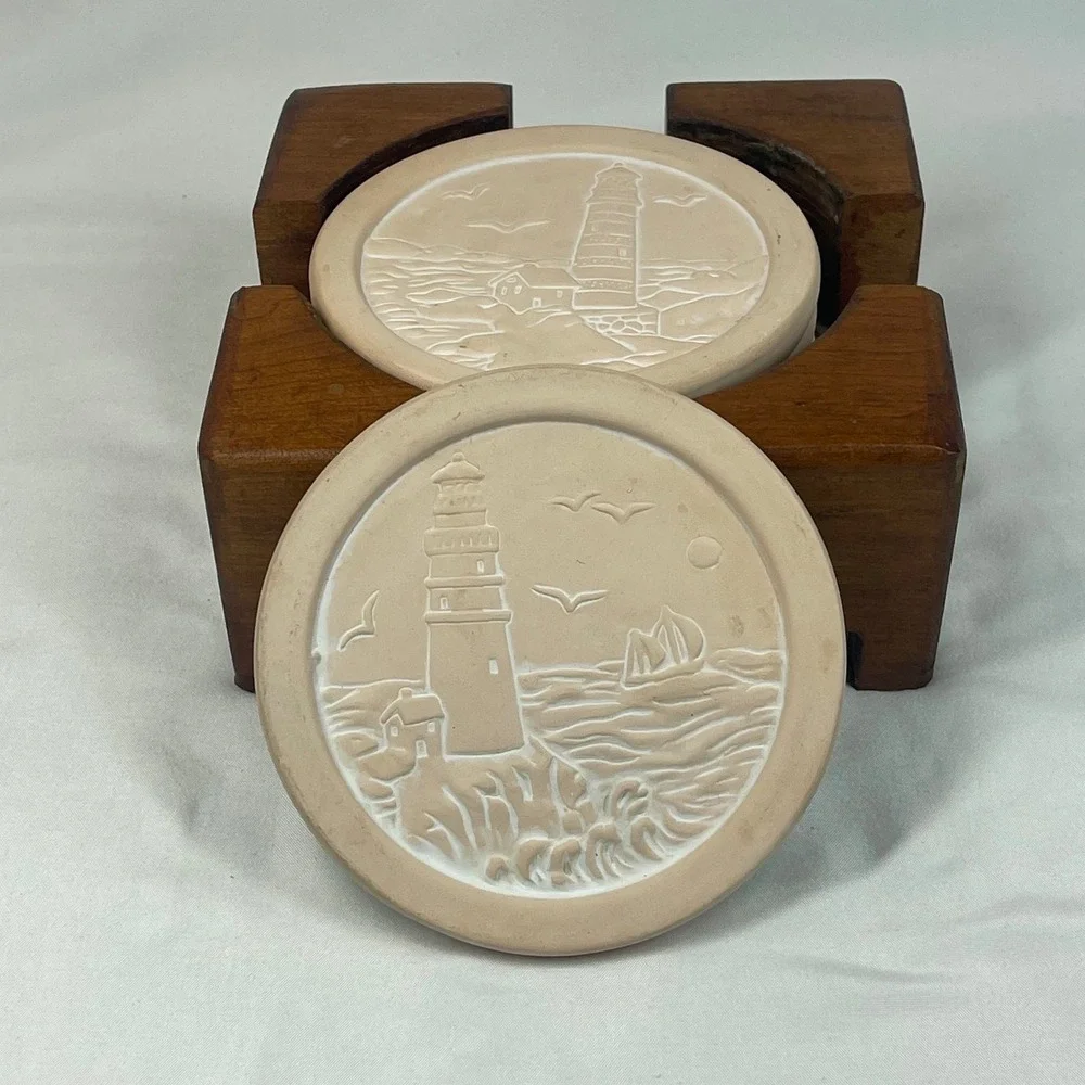 Vintage Set of 4 Lighthouse Stone Coasters w/ Wood Holder Made in Taiwan